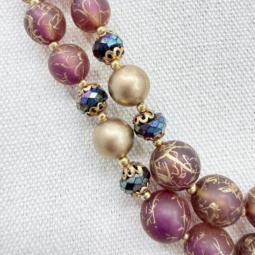 Florenza Vintage Double Strand Necklace Frosted Purple Gold Splatter AB Beads